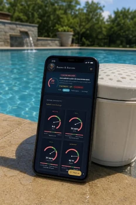 The Barons and Buttons app showing a pool's live water chemistry dashboard — free chlorine, pH, calcium hardness, and temperature — on a phone beside a San Antonio backyard pool.