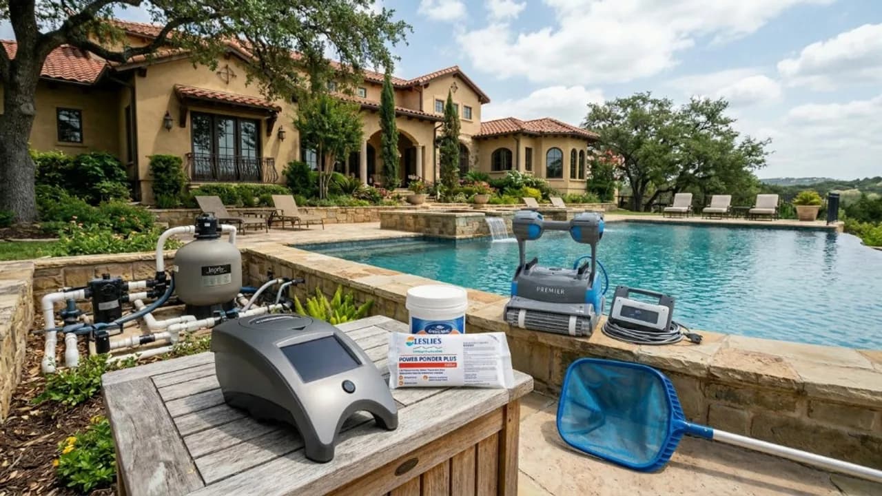 Professional pool maintenance equipment staged beside a crystal-clear backyard swimming pool